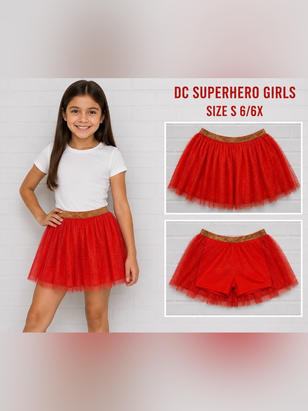 DC Superhero Girls Red Sparkle Tulle Skort Skirt Girls Size S 6/6X